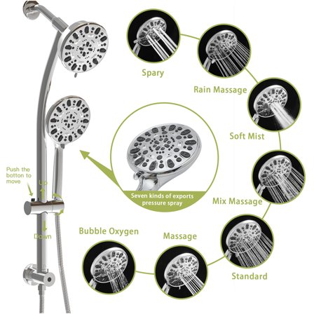 JERFIT Dual Shower Head System with 7-Function Handheld Shower, 4.7" Rain Showerhead, Adjustable Slide Bar, Chrome Finish