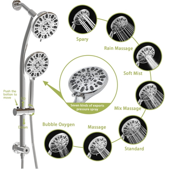 JERFIT Dual Shower Head System with 7-Function Handheld Shower, 4.7" Rain Showerhead, Adjustable Slide Bar, Chrome Finish