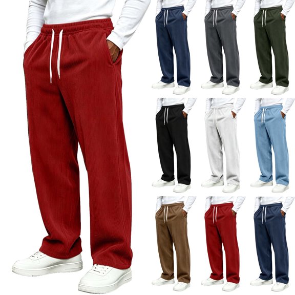 Men's Wide Leg Pants Vertical Striped Corduroy Elastic Drawstring Waist Uncuffed Straight Loose Draped Casual Daily Trousers with Side Pockets
