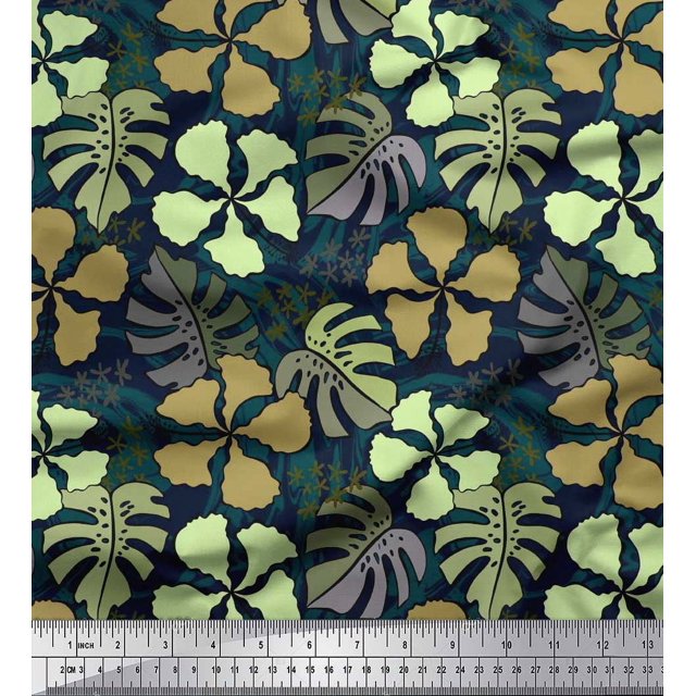 Soimoi Polyester Crepe Fabric Floral & Monstera Leaves Print Sewing Fabric Yard 52 Inch Wide