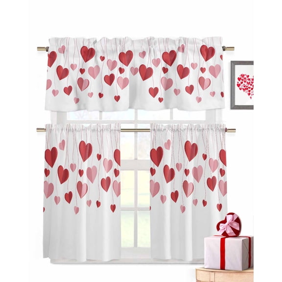 Valentine's Day Kitchen Curtains Valances and Tiers Set of 3, 24 Inch Length Tier Curtains and Valance Rod Pocket Valance Curtains Set for Kitchen Bathroom Small Windows