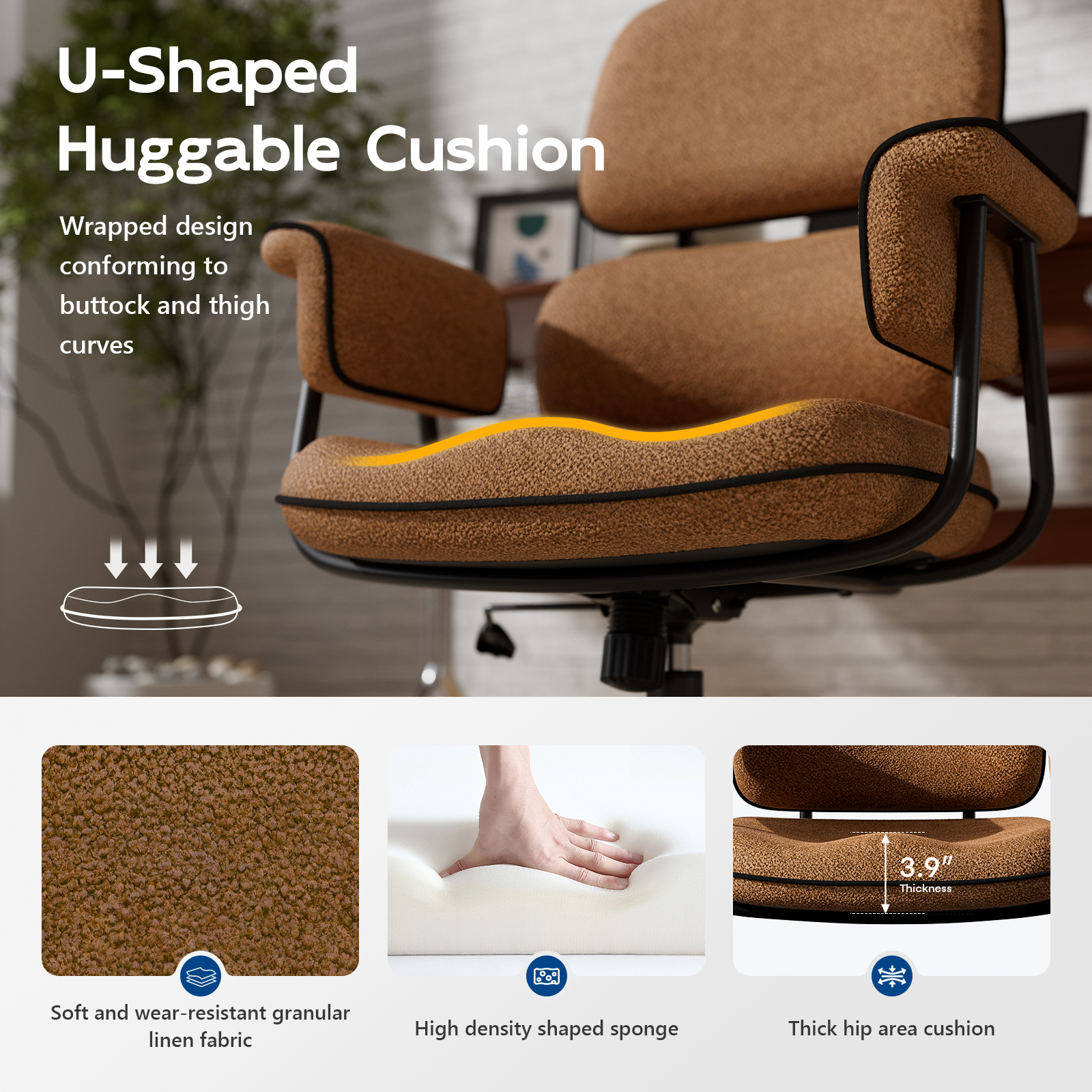 HomeZeer Executive Mid Century Modern Office Chair, Brown Linen Fabric with Memory Foam Wide Seat, Split Back, Padded Arms & Adjustable Height, Vintage Desk Chair for Home Office, Wheels Included