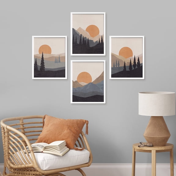 PixonSign Framed Wall Art Sunlight Sunset Sunrise Mountain Prints, Set of 4 Abstract Geometric Wall Decor Arts, Forest Wall Dcor, Adhesive Canvas Poster, Modern Home Artwork - 11"x14" White