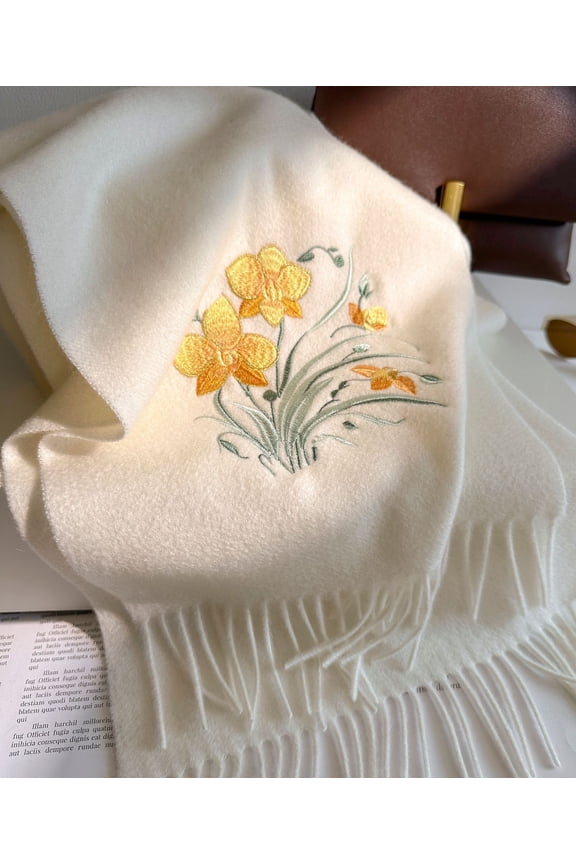 Luxury Embroidered 100% Wool Scarf, Winter Warm Wrap for Women, Elegant Gift,180*30cm,white