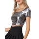 thumbnail image 4 of TOP METÁLICO CROP INSPIRADO CHIC PARA MUJERES CON CUELLO CUADRADO Y MANGAS CORTAS, BRILLANTE, TAMAÑO XS, PLATA OSCURA, 4 of 6