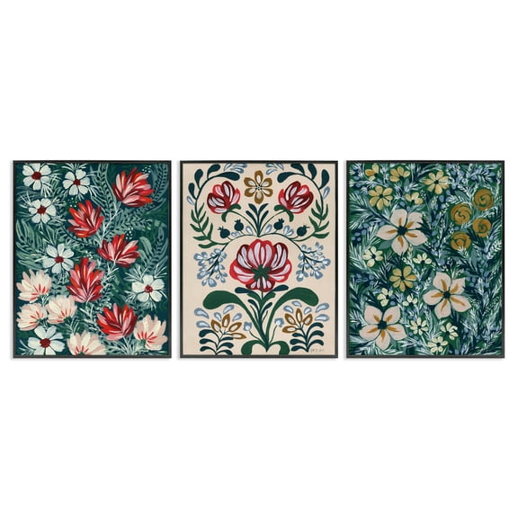 Stupell Industries Boho Folksy Florals Plants & Flowers Painting Black Framed Art Print Wall Art, 11 x 14, Set of 3