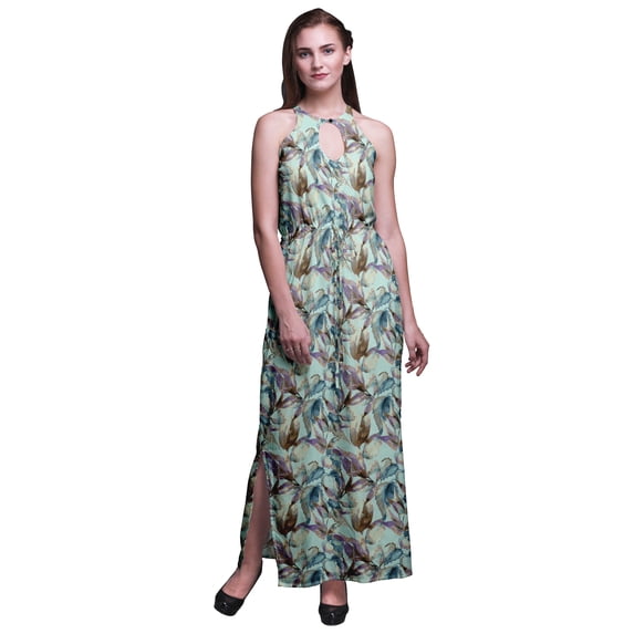 Bimba Leaves Women Sleeveless Crew Neck Halter Gown With Side Slits Maxi Dress-XX-Large