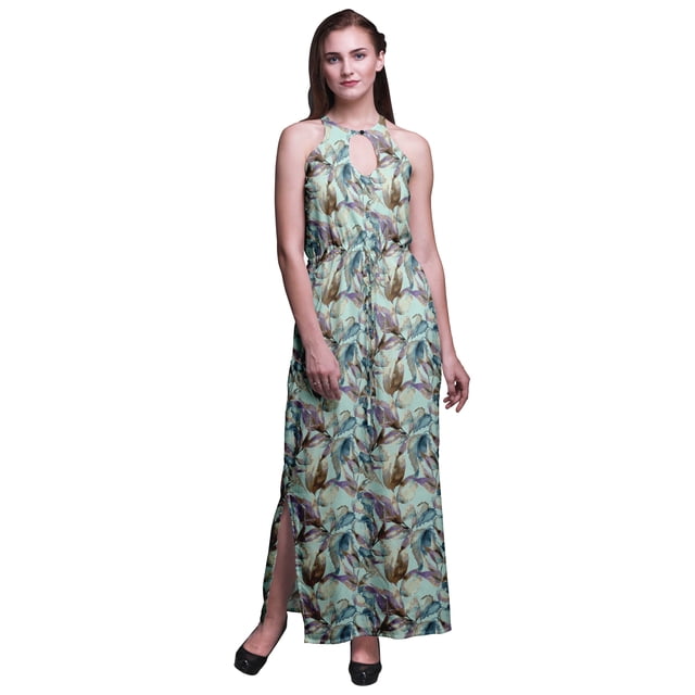Bimba Robe Maxi Longue Sans Manches à Imprimé Feuilles pour Femmes avec Fentes Latérales Tenue d'Été-TG