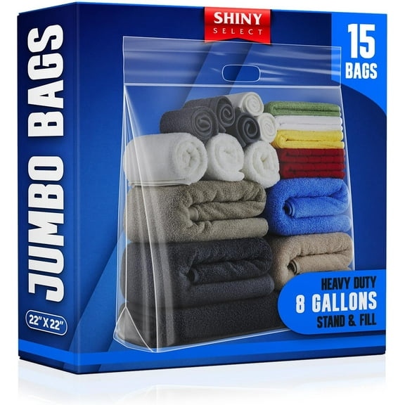 Extra Large Big 8 Gallon Jumbo Storage Bag - WITH HANDLE - Super Thick Clear Plastic Bags with Handle & Zipper Seal, 15 Bags Heavy Duty 4 Mil. Thick for Moving, Clothing, Beach, Art, Supplies, Towels