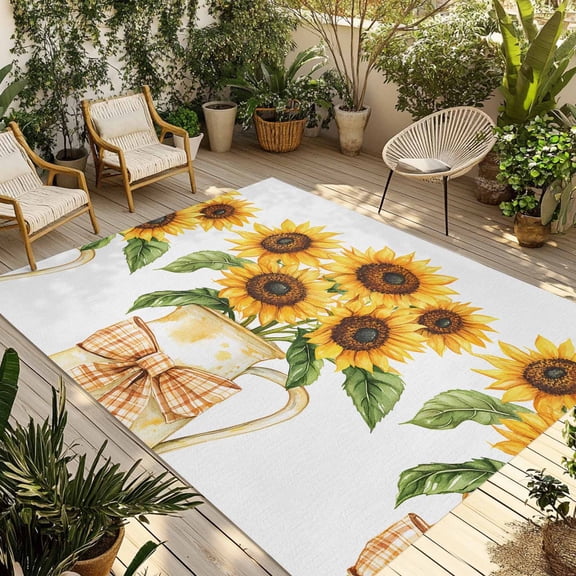 Fsddascl Sunflower Outdoor Rug for Patio/Deck/Porch, Non-Slip Large Area Rug 5 x 8 Ft, Seasonal Yellow Botanical Blooms Bow Plaid Indoor Outdoor Rugs Washable Area Rugs, Camping Rug Carpet