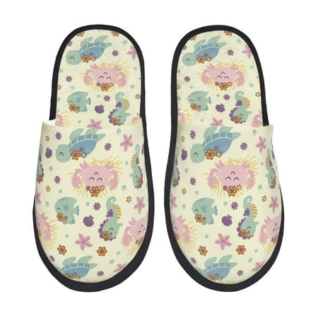 Balery Turtle Crab Sea Horse Slient Indoor Furry Fleece Comfort House Shoes Soft Non-Slip Home Shoes Cotton slippers House Slippers-- Large