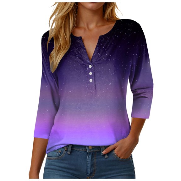 zaveiop 3/4 Sleeve T Shirts for Women Printed Button Down Tshirt V Neck Casual Loose Tunic Tops Dressy Summer Shirts (Dark Purple, M)