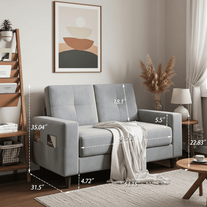 53" Loveseat Sofa - Comfortable Modern Design Couch for Small Spaces, Easy Assembly and Noise-Free, Light Grey