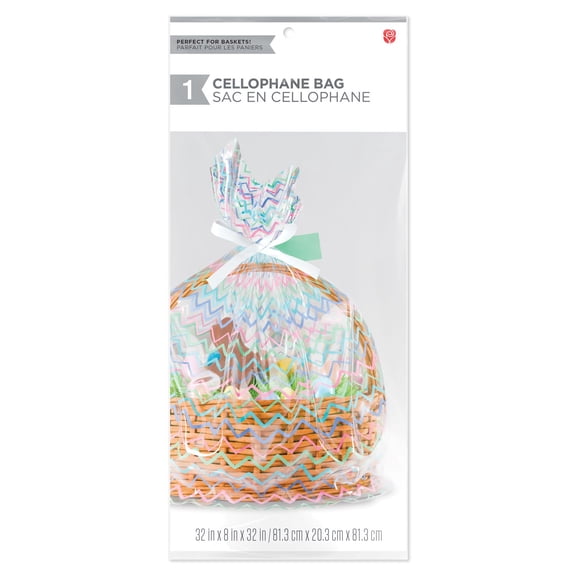 American Greetings Easter Cellophane Basket Bag with Gift Tag and Ribbon, Chevron Design (1-Count)