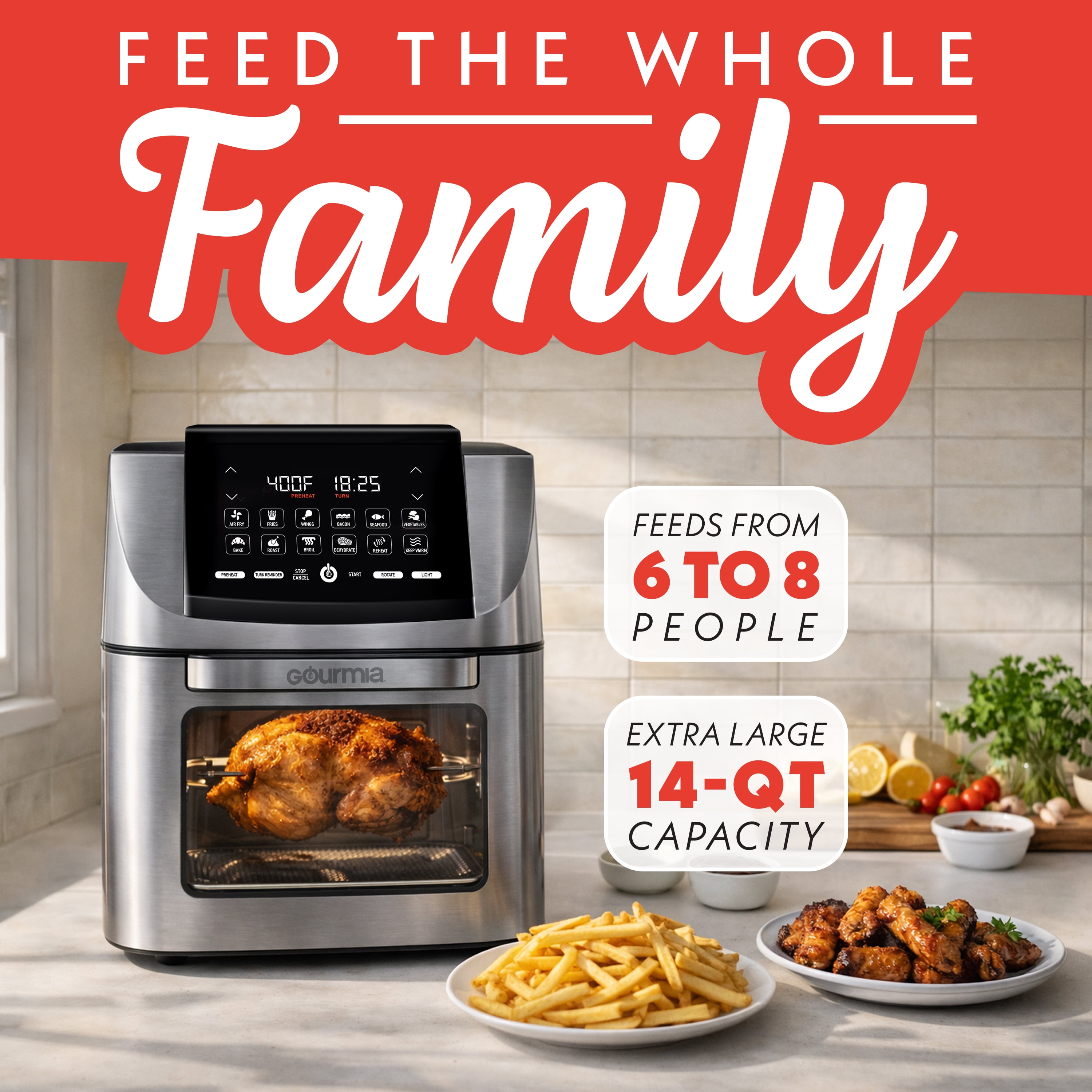 Gourmia 14 Qt Air Fryer Oven, 12 Presets, Rotisserie, FryForce 360°, Stainless Steel