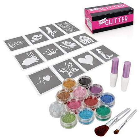 BMC Party Fun Temporary Fashionable Multi-Color Glitter Shimmer Tattoo Body Art Design Kit with Stencils, Glue and Brushes
