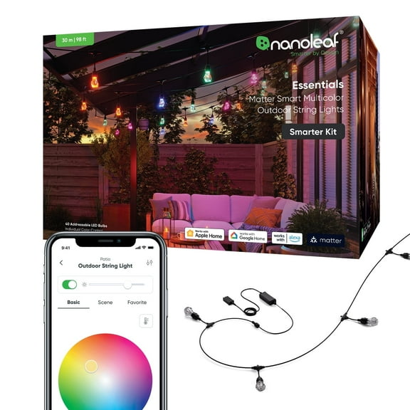Nanoleaf Essentials Matter Outdoor Smart String Lights, 98ft, 40 Bulbs, RGBICW, White & Color-Changing