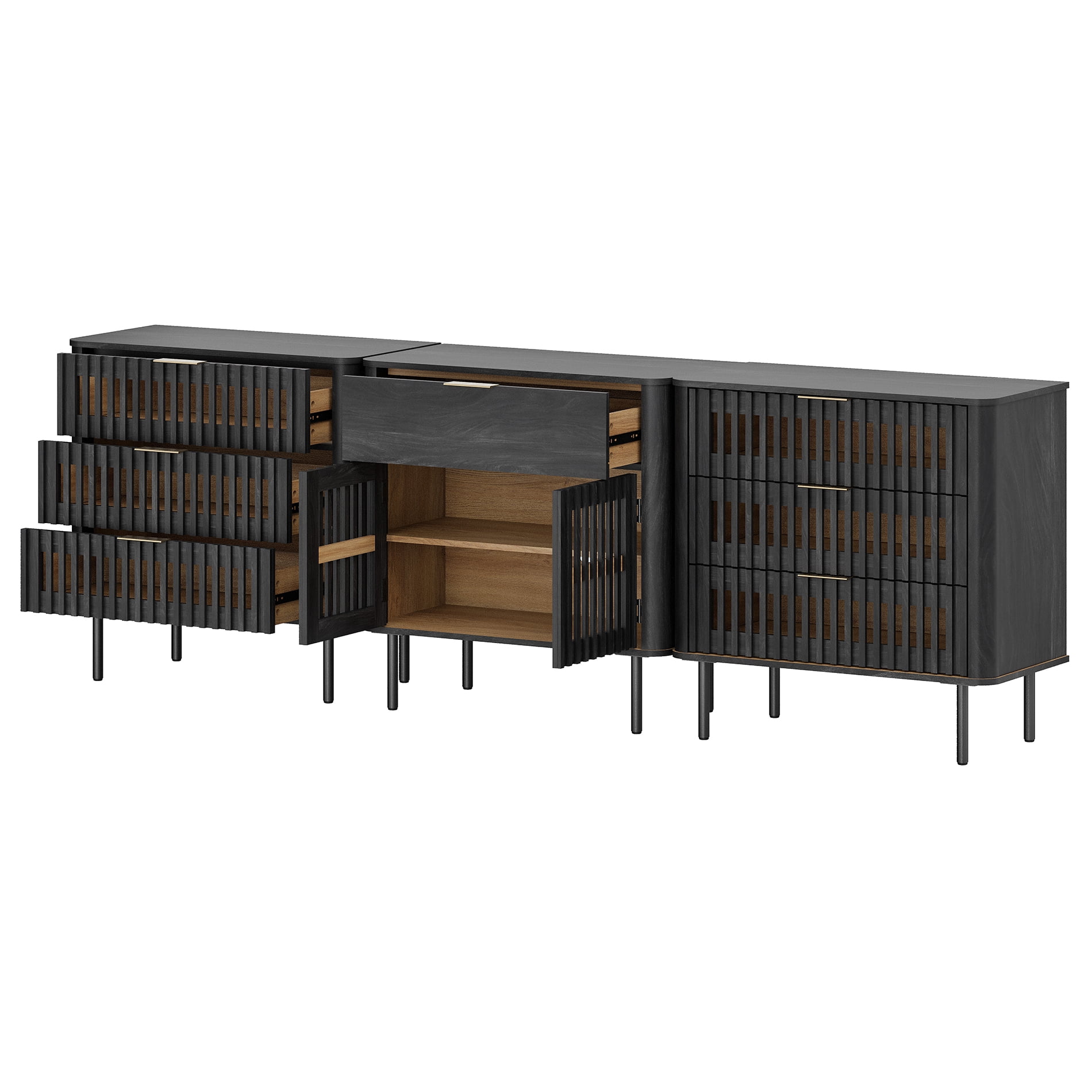 94.5 Inch Large Fluted Buffet Cabinet Sideboard with Storage, Pop-Up Doors & Adjustable Shelf, Wood Modern Accent Coffee Bar Console Table with Drawers for Kitchen, Living Room, Black