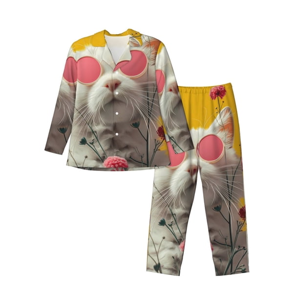 Fotbe Floral Sunglasses Cat Art Pijama de Hombre con Estampado de Manga Larga, Conjunto de 2 Piezas, Ropa de Dormir Suave y Cómoda con Bolsillos-Small