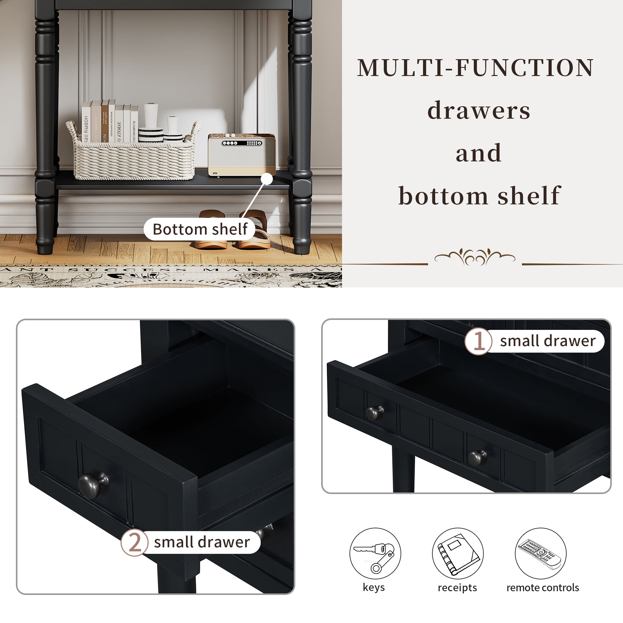 Harper & Bright Designs Narrow Console Table with Storage Drawers and Bottom Shelf for Entryway Living Room, Retro Console Table for Small Space, Black