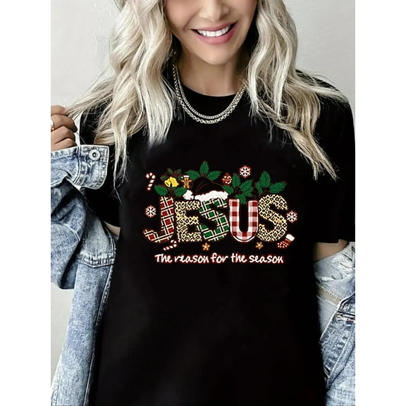 Merry Christmas Tshirt Jesus Print Short Sleeve Shirt for Women