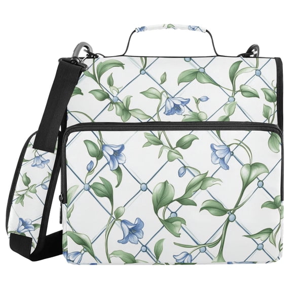 Blue Plaids Flowers Leaves Binder Bag with Shoulder Strap 3 Ring Zipper Binder File Folder Document Storage