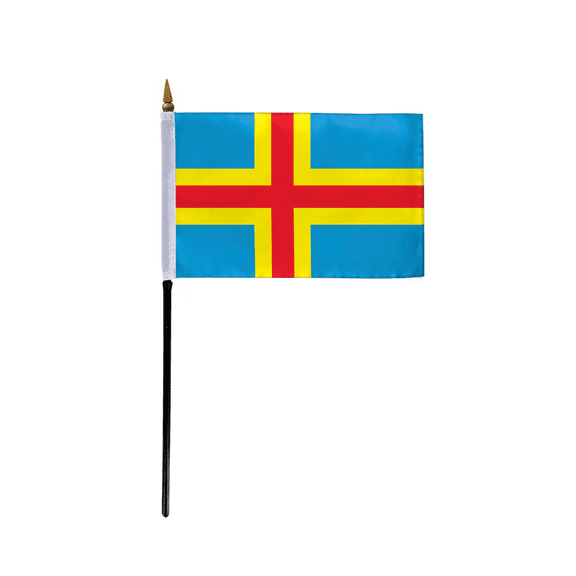 AGAS Aland Stick Flag 4x6 inch mounted onto 11 inch Plastic Pole - Printed Single Sided on Polyester - Stitched Edges - Mini Aland Flag - Aland Finland National Flag