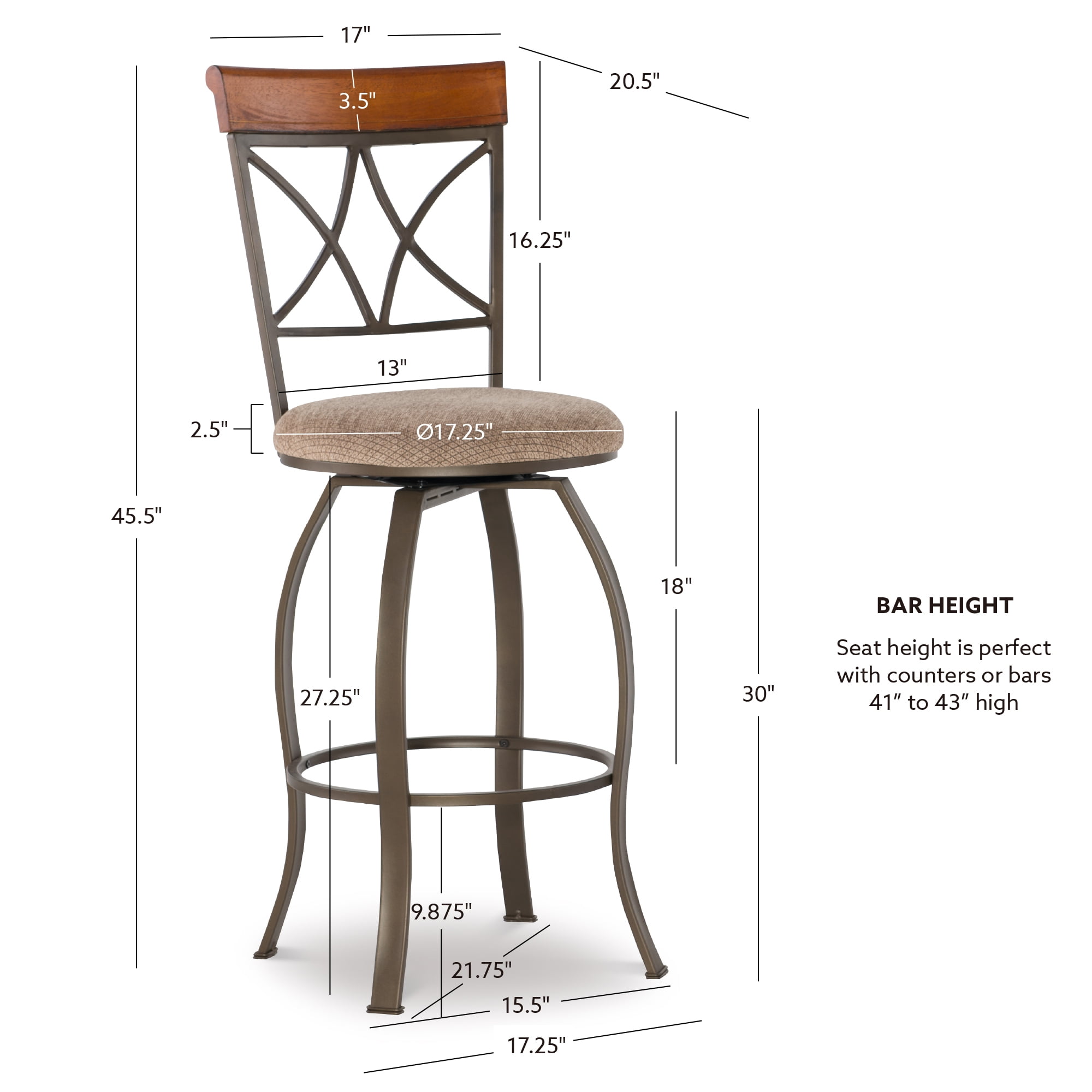 Linon Hamilton 30" High Back Indoor Round Metal Bar Stool with Swivel, Medium Cherry/Taupe