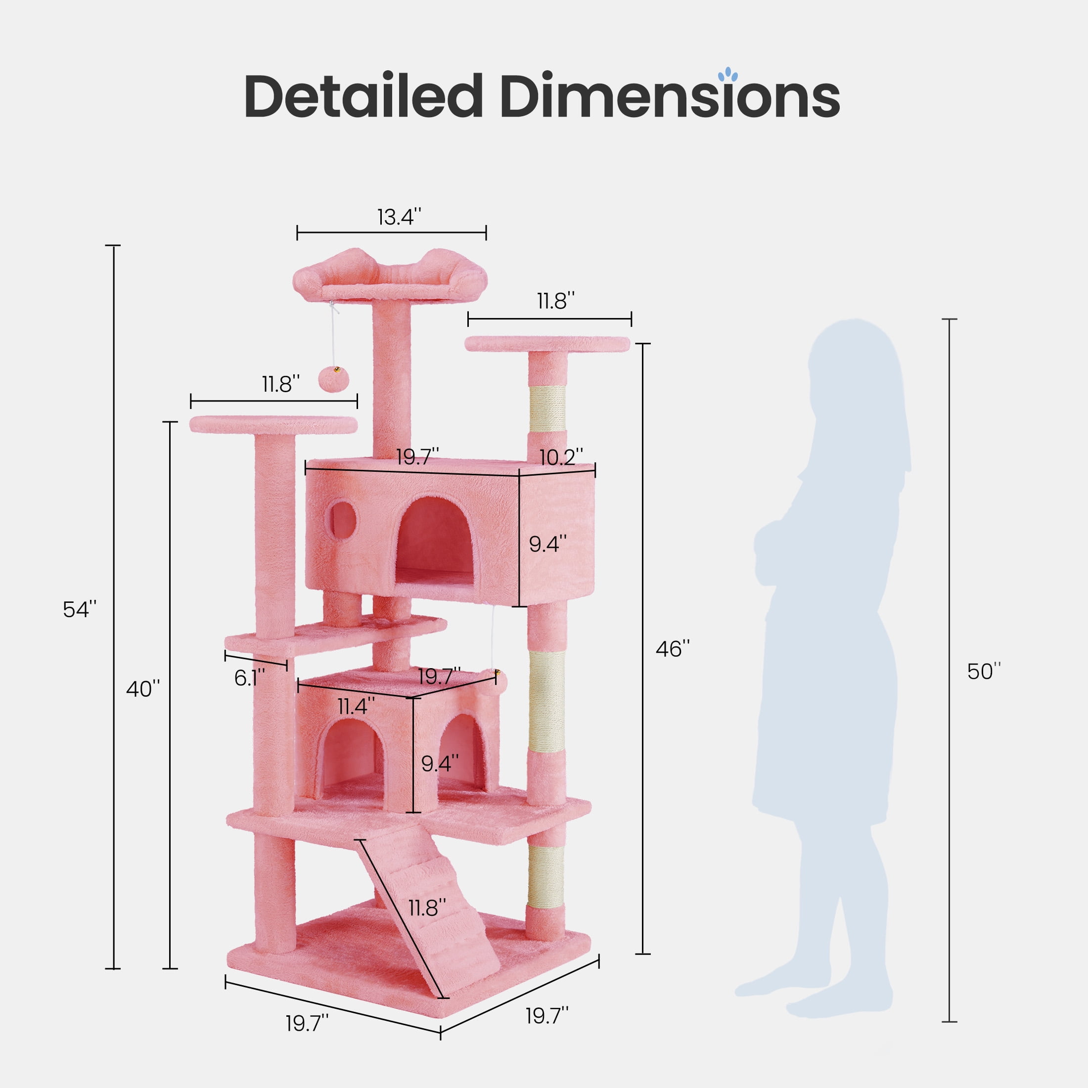 CONCETTA 54in Cat Tree for Indoor Cats, Multi-level Cat Tower with Sisal Scratching Post, Large Perch, Cat Condo, Pink
