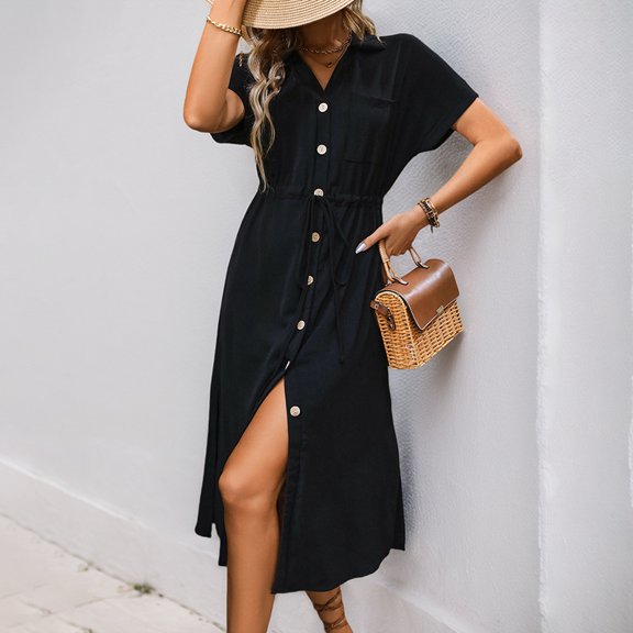 New summer shirt dress with pockets, simple solid color dress