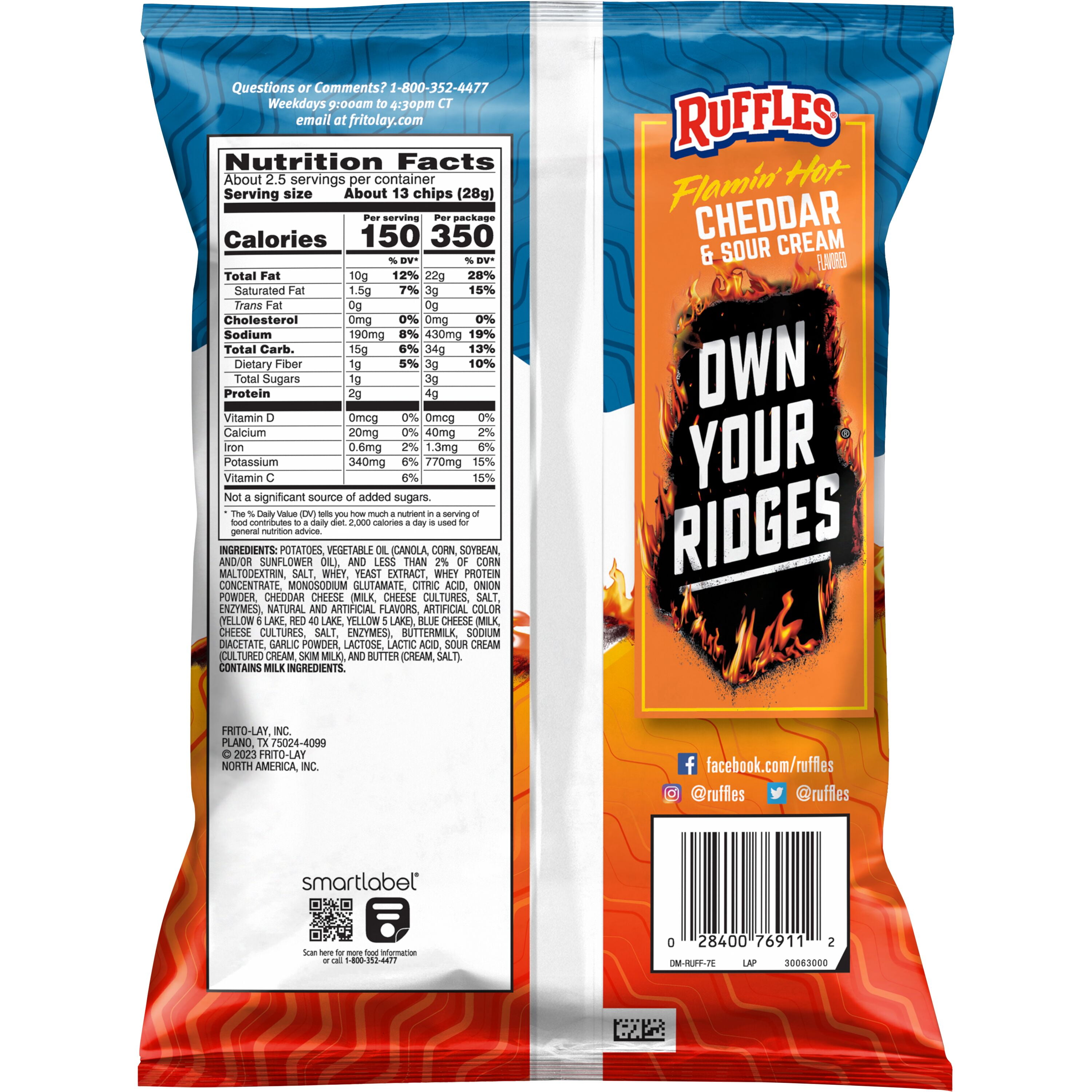 Ruffles Flamin' Hot Cheddar Sour Cream Potato Chips Bag, 2.25 oz