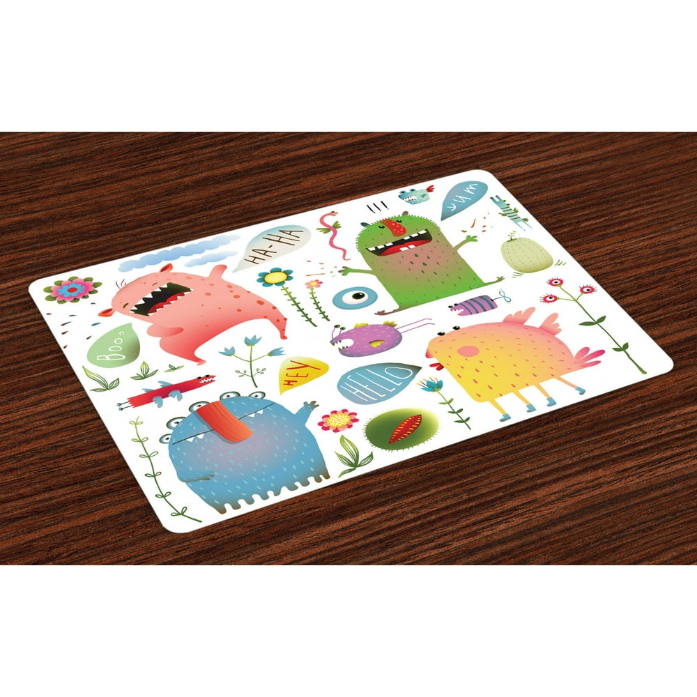 Funny Placemats Set of 4 Imaginary Creatures Fun Colorful Laughing Childish Monsters with