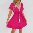 thumbnail image 6 of Dress for Women Plus Size Short Sleeve Drawstring Waist V-Neck Lace Solid Trimmed Mini Dress Bohemian Dresses, 6 of 6