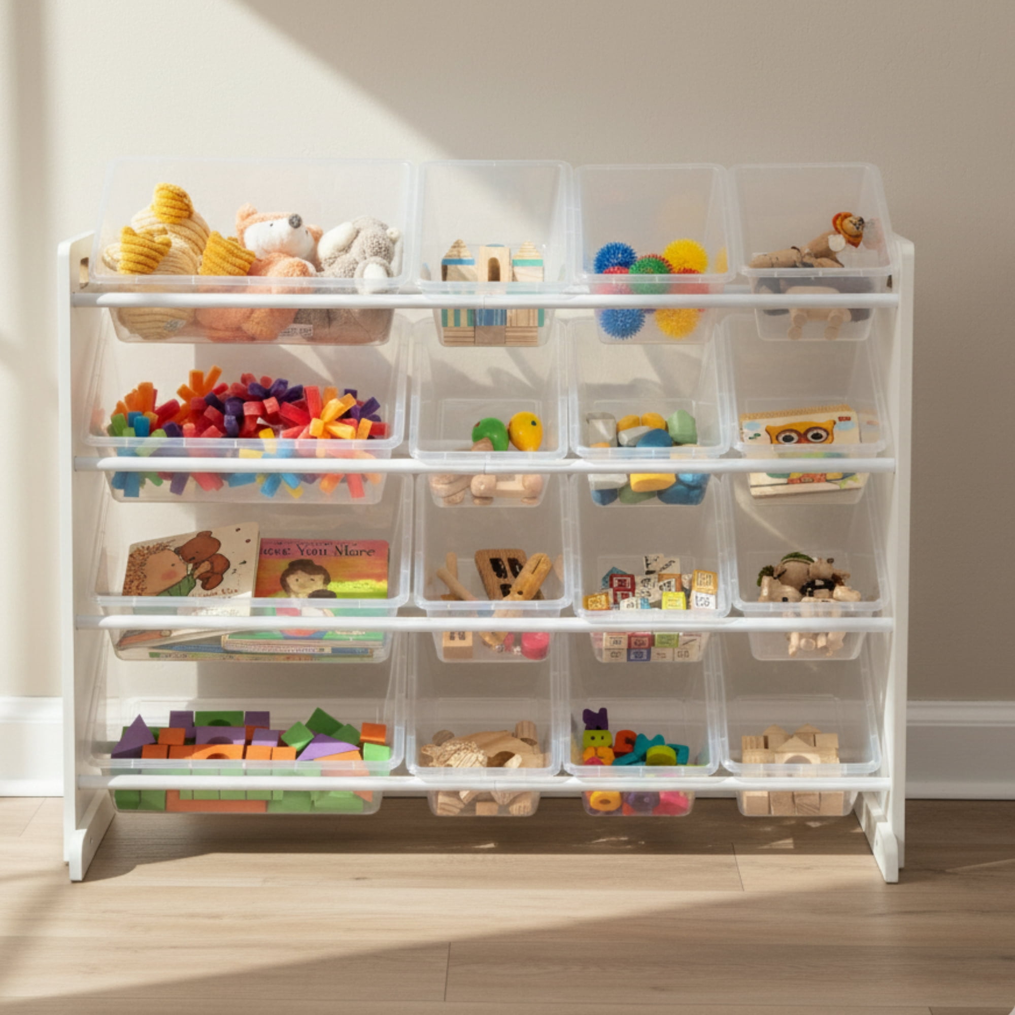 Humble Crew Kids Supersized Toy Storage Organizer with 16 Plastic Storage Bins, Transparent White