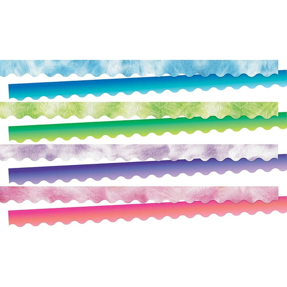 Barker Creek Double-Sided Scalloped Border Set of 4, Tie-Dye and Ombré, Multi-Design, 39' Each of 4 Designs, Blue, Lime, Purple, and Pink Colors, Total of 156' of Double-Sided Border in Set (4327)