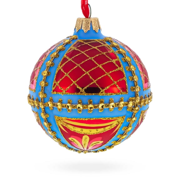 Trellis on Blue and Red Glass Ball Christmas Ornament 3.25 Inches
