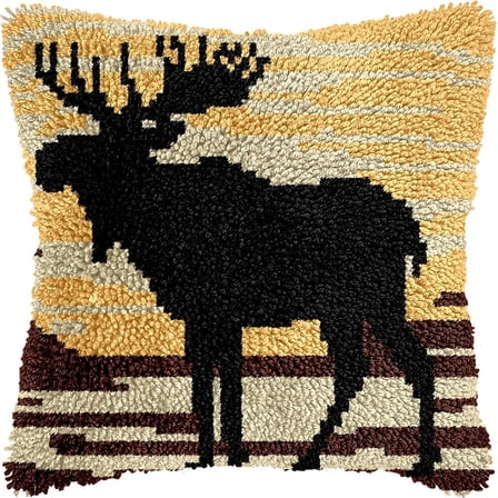 Deer Latch Hook Pillow Cover Kits for DIY Handmade Throw Pillow Cross Stitch Latch Hooking Pillowcase Kits with Preprinted Color Pattern Canvas Crochet Yarn Kits 17''X 17''(7-105)