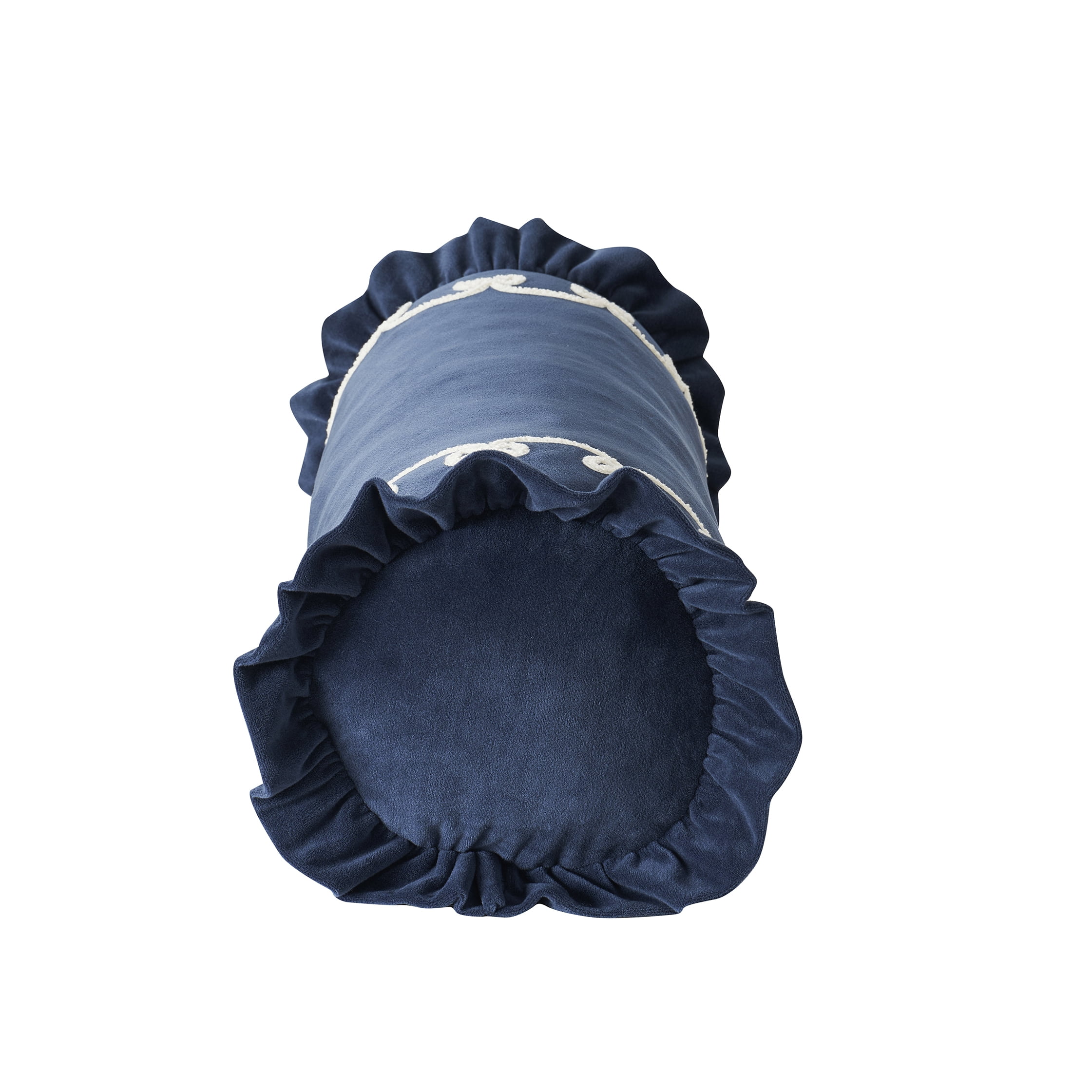 My Texas House 8" x 22" Navy Velvet Ruffle Bolster Decorative Pillow