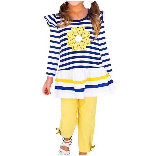RXIRUCGD Mode Hauts à Manches Longues Décontractés pour Filles Col Rond Imprimé Bouton Ensembles de Pantalons Longs (Bleu, Taille:9 Ans)