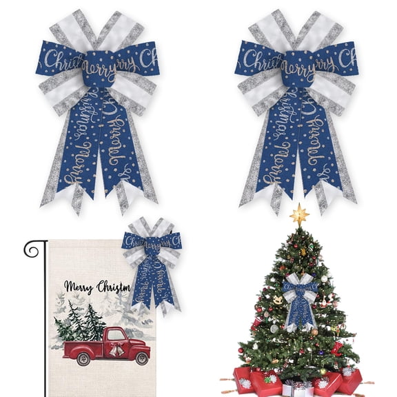 Hying 2PCS Christmas Wreath Bows,Sliver Glitter Bows for Wreath Xmas Dot Decor Bow Front
