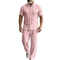thumbnail image 2 of Ceisia Men's Linen Blend Button Down Short Sleeve Shirt And Elastic Waist Pants 2 Piece Outfit Pink XXL Gift, 2 of 5