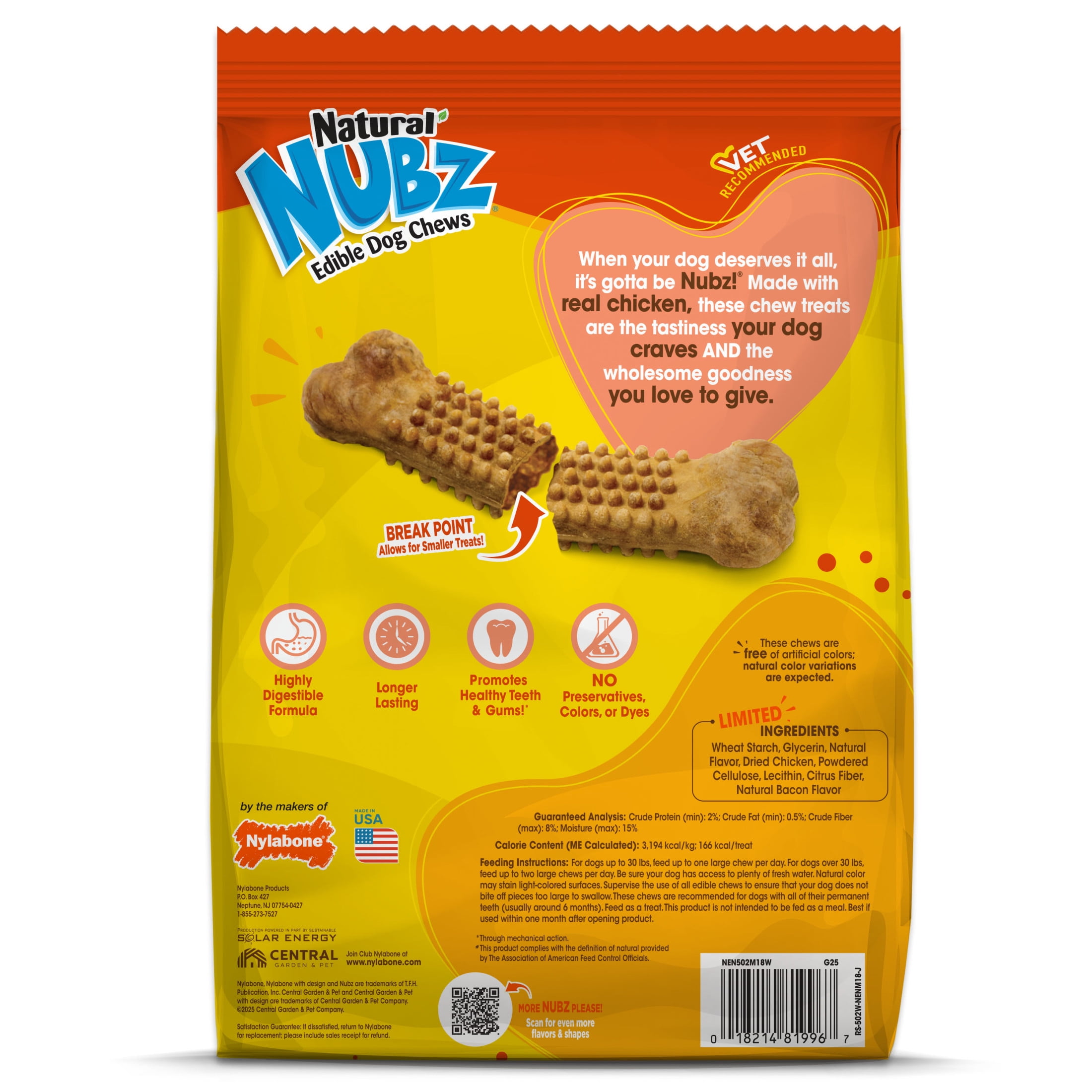 Nylabone Nubz Natural Dog Treats for Large Dogs, Chicken Flavor Dog Bones, Large - 30+ lbs., 2 lb. Pouch, 18 Count