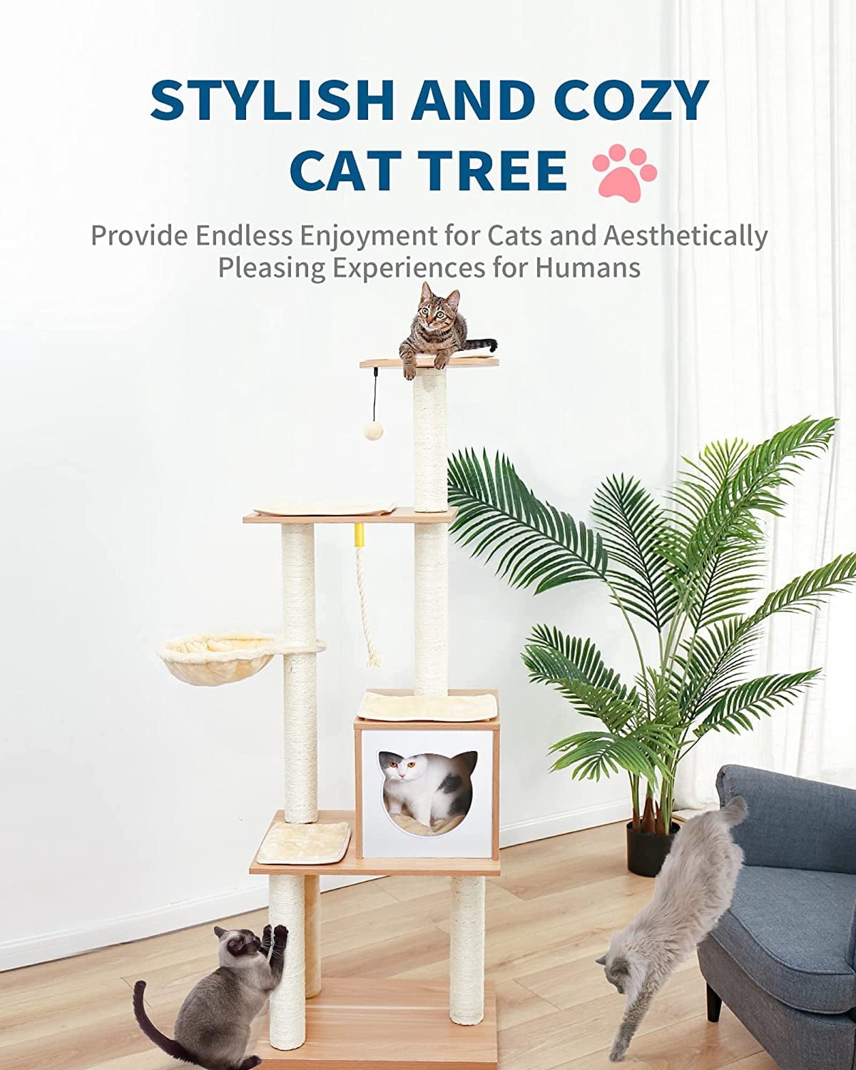 65" Tall Wood Condo Cat Tree Tower with Hammock, Scratching Post and Removable Pads