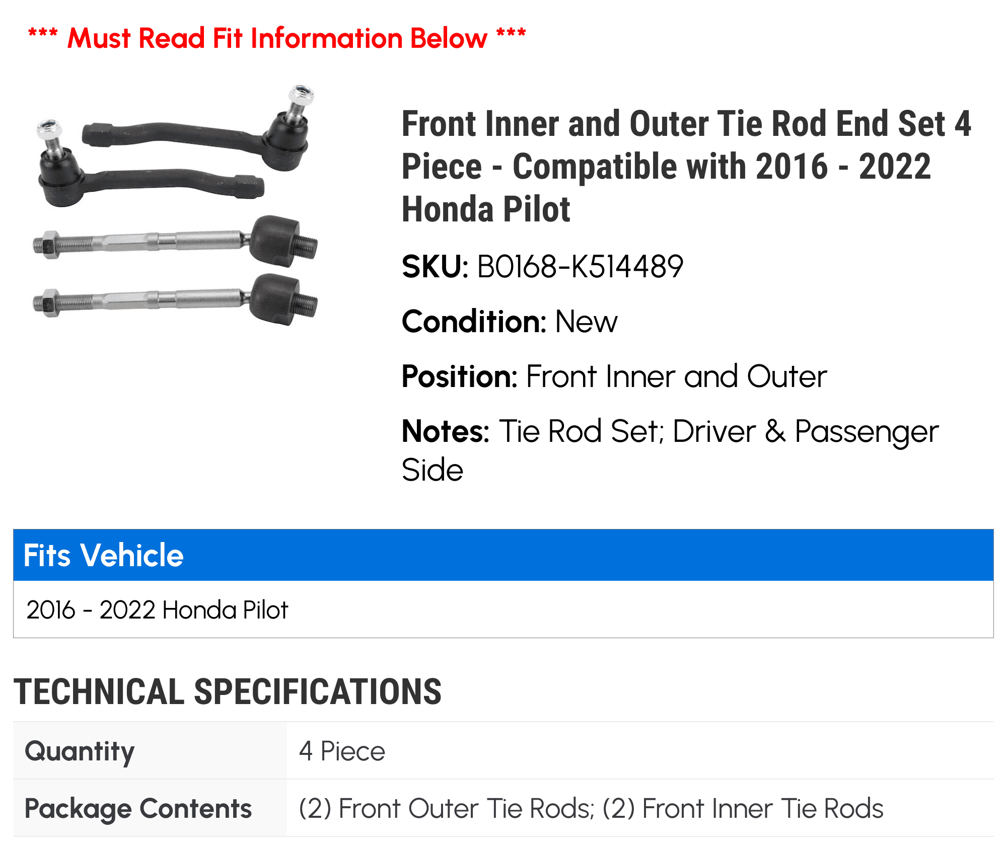 Front Inner and Outer Tie Rod End Set 4 Piece - Compatible with 2016 - 2022 Honda Pilot 2017 2018 2019 2020 2021