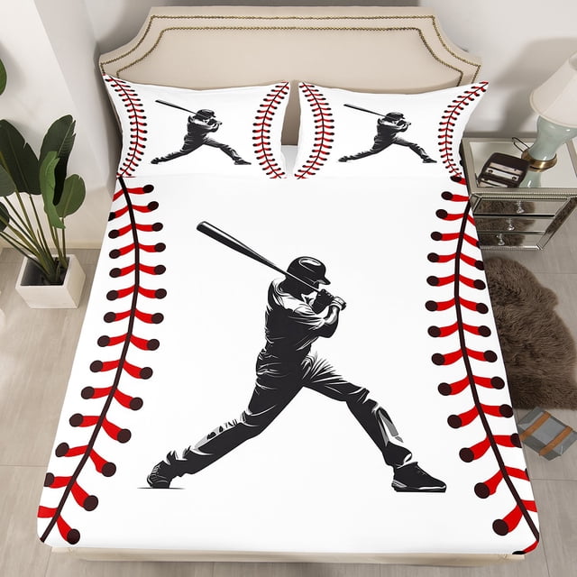 Baseball Bat Fitted Sheet Softball Sheets,European Sports Ball Bed Sheets Queen,Hobby Activity Player Bedding Set Competitive Game Room Decor