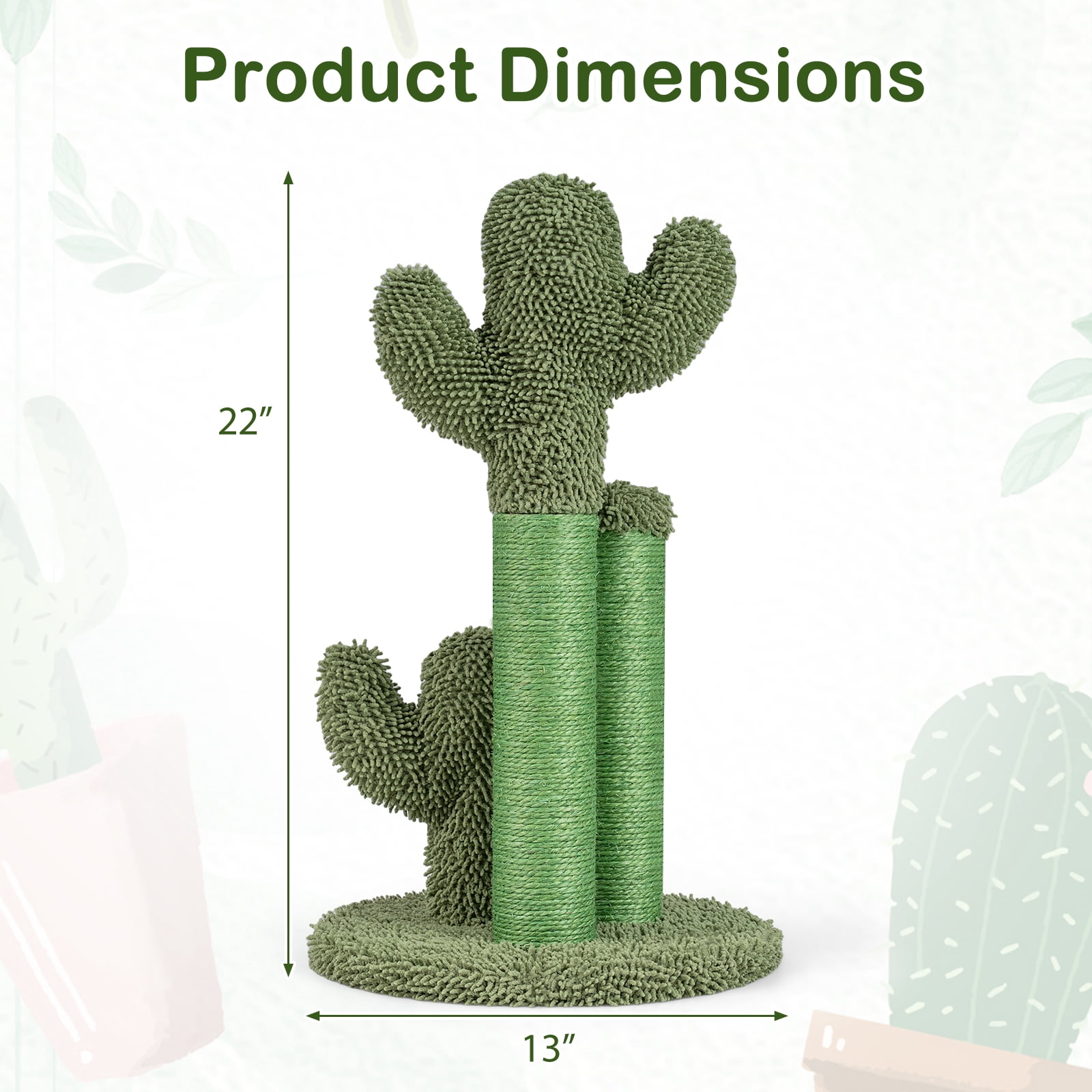 Gymax 22'' Cactus Cat Scratching Post Cute Vertical Cat Claw Scratcher w/ Sisal Rope Green