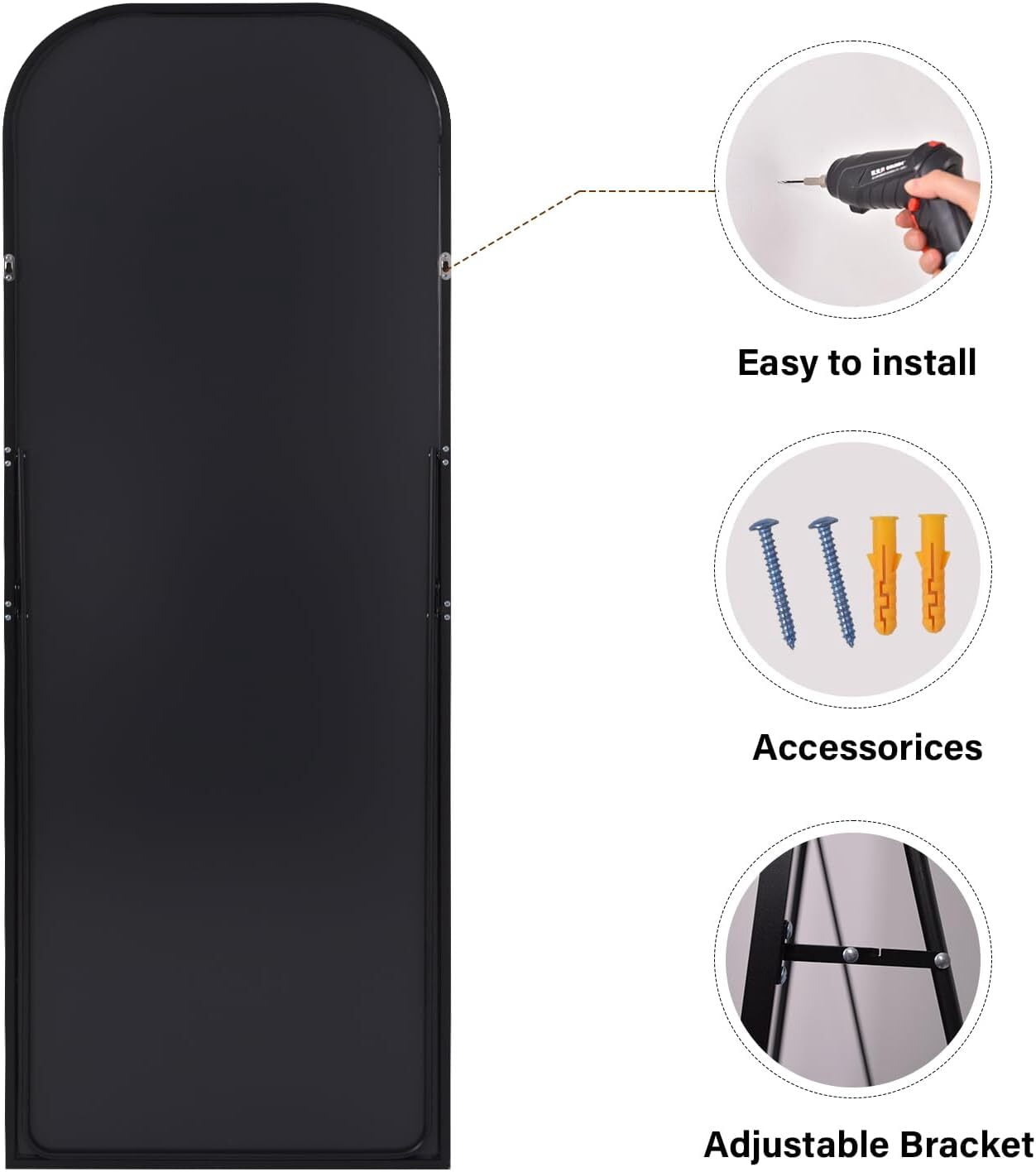 Easy4Home 71"x26" Arched Full Length Mirror Metal Frame Freestanding Mirror Wall-Mounted, Black