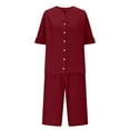 thumbnail image 4 of Caywon Women's Fashionable Cotton and Linen Shorts Short Sleeved Shirt Set Casual Two Piece Set Spring and Summer Shorts Pajama Set(Wine,XXL), 4 of 9
