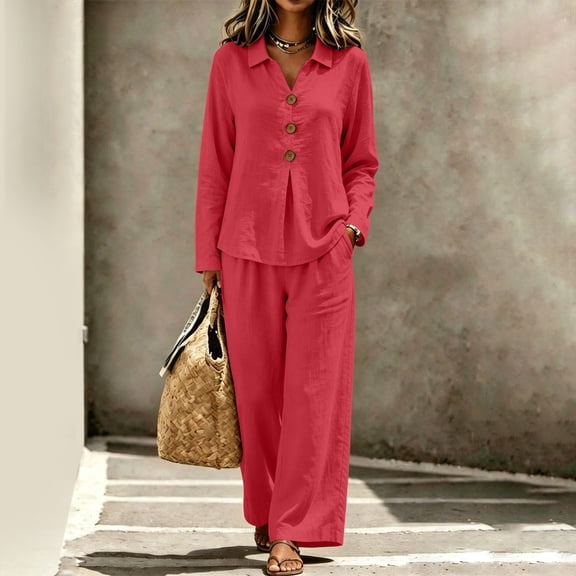 sdhkgrrt Women Plus Size 2 Piece Lounge Set Collared Long Sleeve Shirt Wide Leg Pants Solid Loose Boho Tracksuit Fall Winter Outfits, Red L