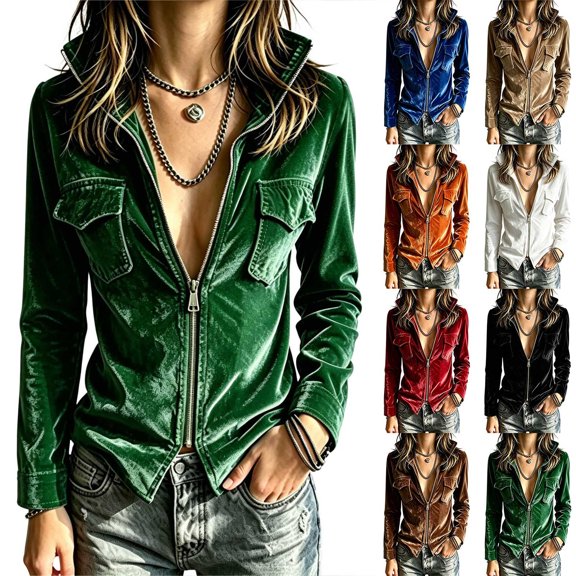 Sheghy Lapel Jacket for Women Solid Flap Pocket Zip Front Long Sleeve Fall Winter Black S